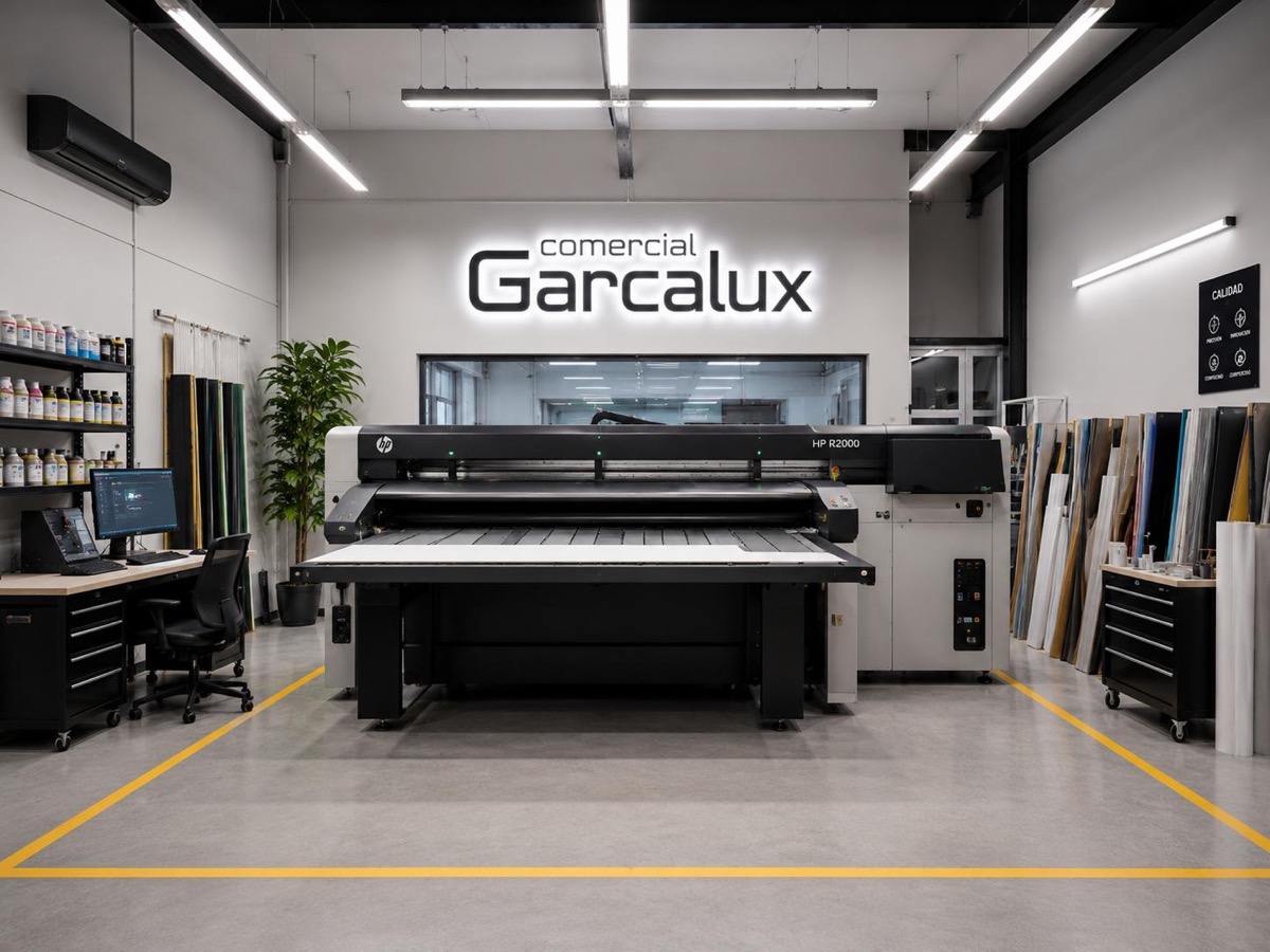 Impresora de gran formato de mesa plana en el taller de Garcalux